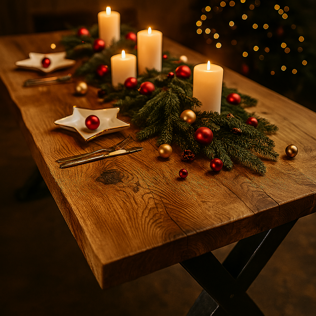 Festlich dekorierter rustikaler Eichentisch aus massiver Eiche mit geschmiedeten X-Beinen, geschmückt mit Tannenzweigen, roten und goldenen Kugeln, Kerzen und Sternentellern. Fokus auf die lebendige Holzmaserung.