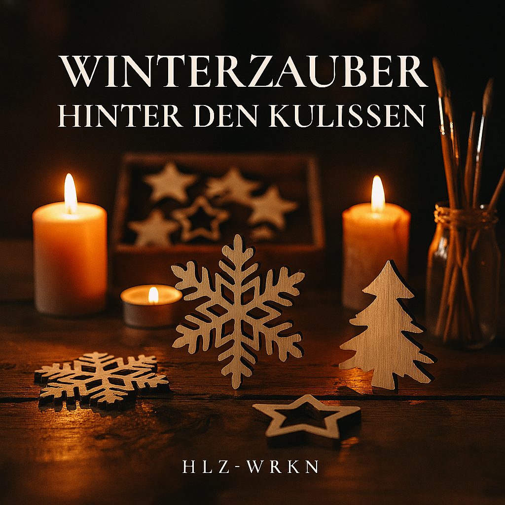 Festlich dekoriertes Holzornament mit Winterdorf und Rentierschlitten, umgeben von warmem Licht, Tannenzweigen und Schneeflocken. Handgefertigte Weihnachtsdeko aus der Lieblingswerkstatt – stimmungsvoll und detailverliebt.