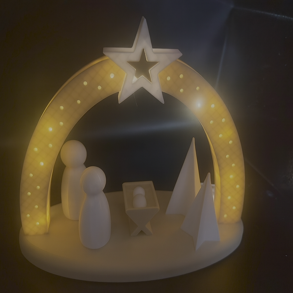 Minimalistische Weihnachtskrippe aus Holzfilament mit LED-Bogen