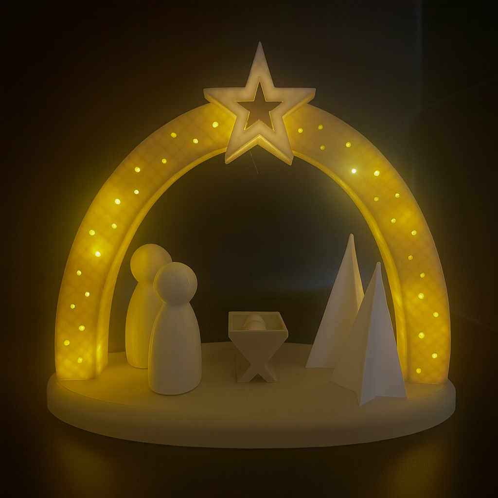 Minimalistische Weihnachtskrippe aus Holzfilament mit LED-Bogen