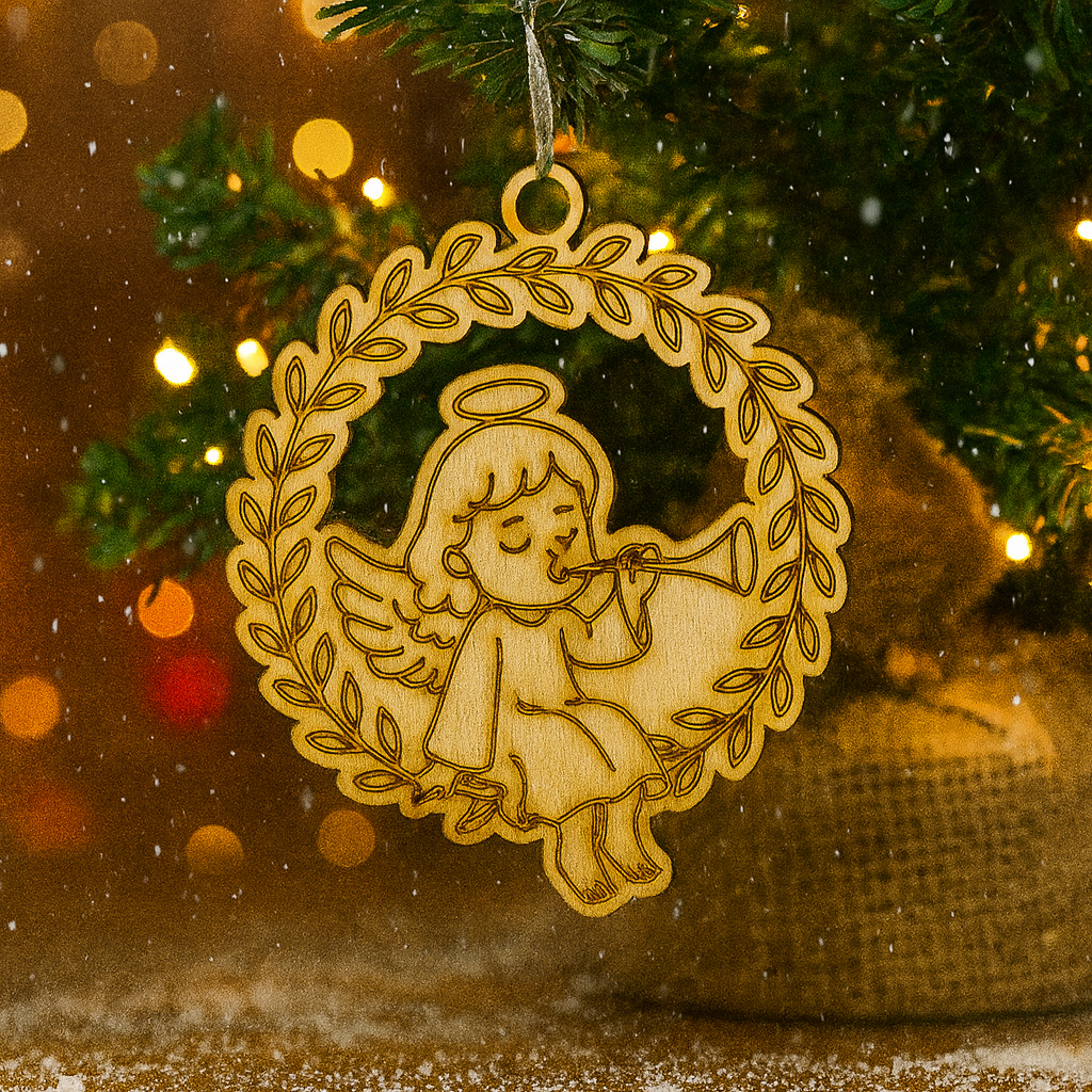 Holzengel im Kranz – festliche Gravur mit Charakter