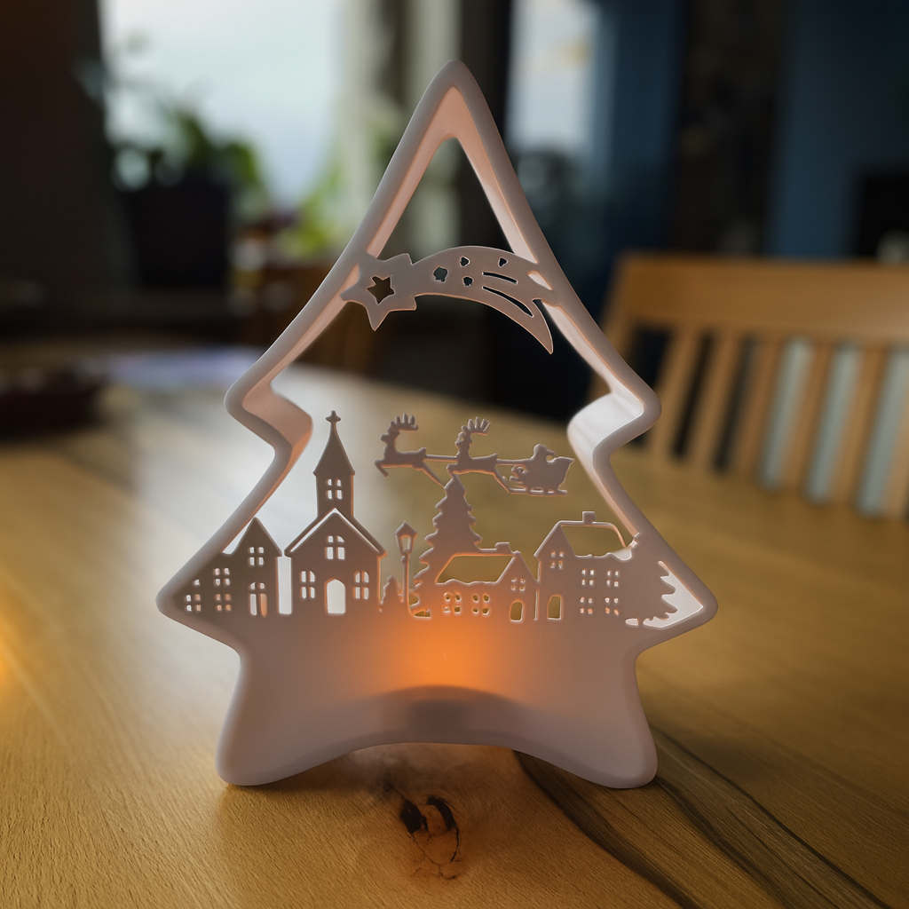 Weihnachtsdeko „Winterdorf mit Rentierschlitten“ – beleuchtetes Ornament in Tannenform